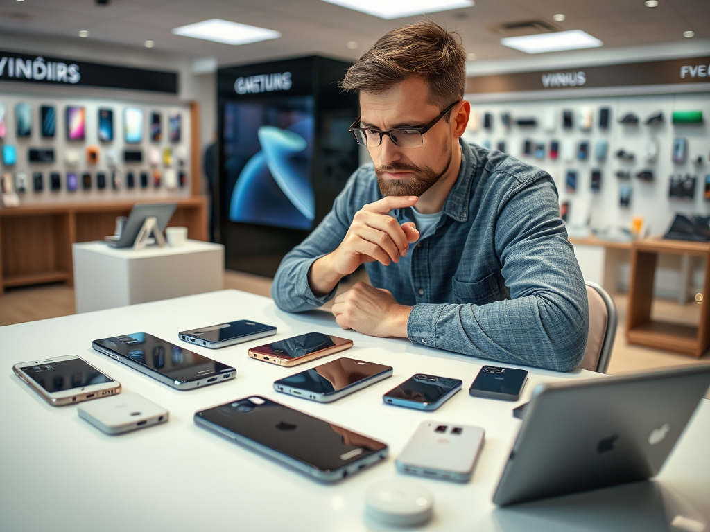 A man examines various smartphones on a table in a tech store, deep in thought about his choices.