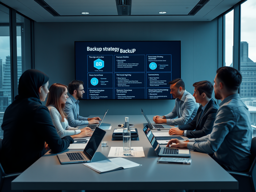 A team meeting in a modern conference room discussing a backup strategy, laptops open, with a presentation on screen.