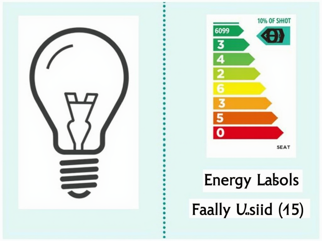 Graphic with a light bulb outline and an energy efficiency chart labeled "Energy Labels" with typos in text.