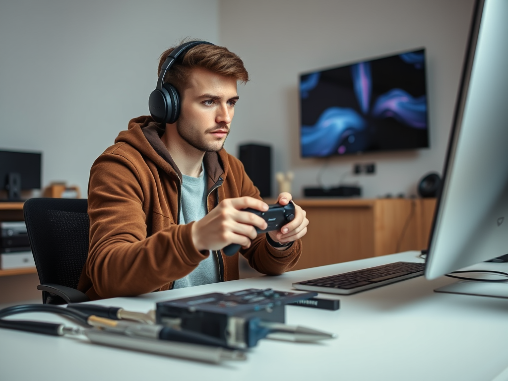 A young man wearing headphones is focused on gaming at his desk, with tools and a monitor in the background.