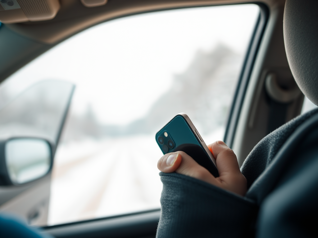 A hand holding a smartphone is visible from the passenger seat of a car, with snow-covered scenery outside.