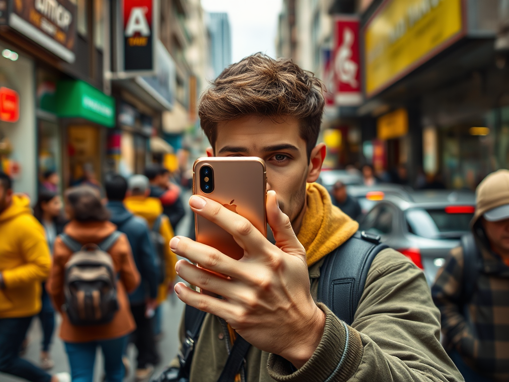 A young man holds a phone in front of his face, capturing a busy street scene filled with people and cars.