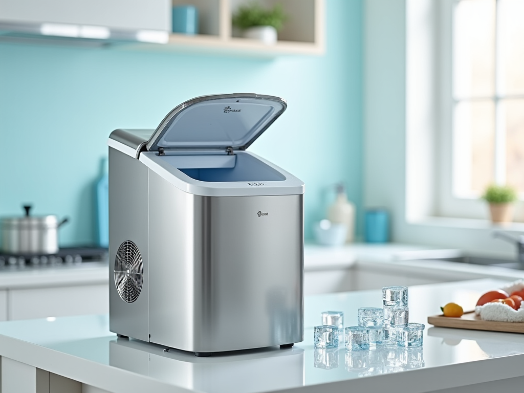 Modern ice maker opened on a kitchen counter with ice cubes in front, bright teal blue kitchen background.