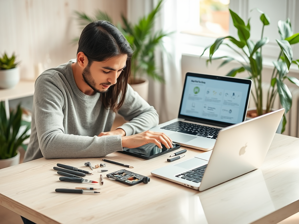 A young man repairs a device at a desk with laptops and tools, surrounded by green plants in a bright room.