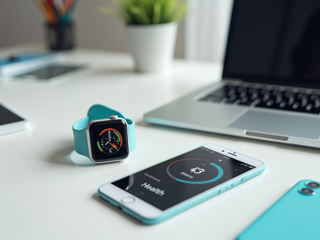 Smartwatch and smartphone on a desk, displaying health tracking apps, with laptop and plants in the background.