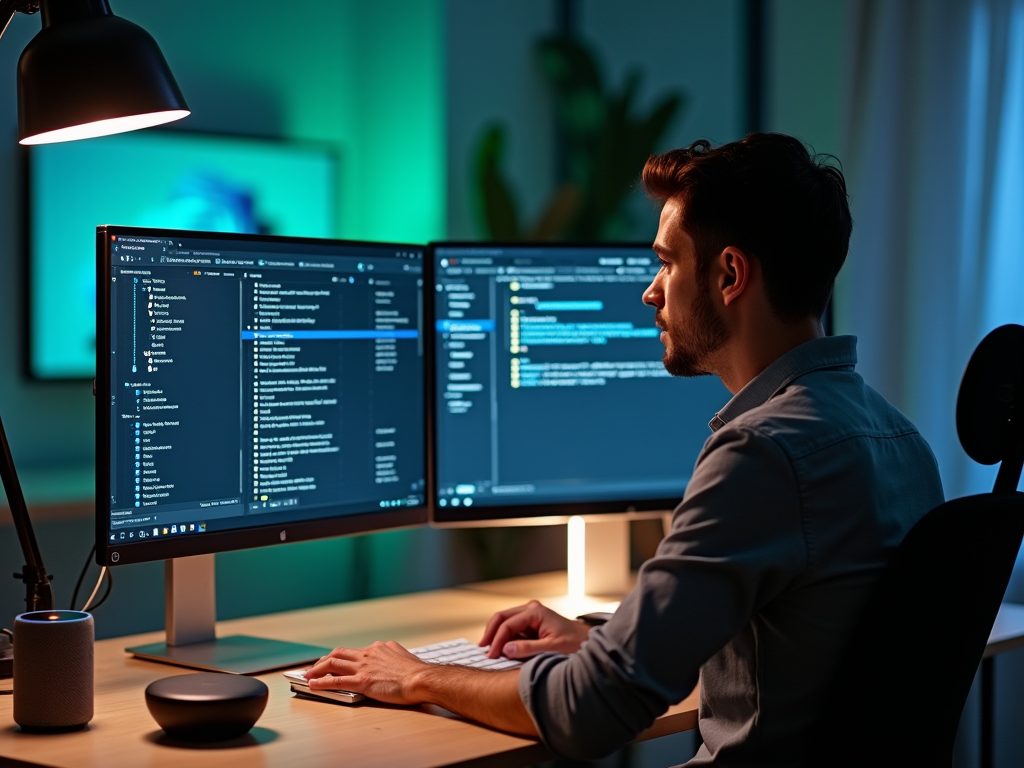 Man coding on dual monitors in a dimly lit office with blue and green ambient lighting.