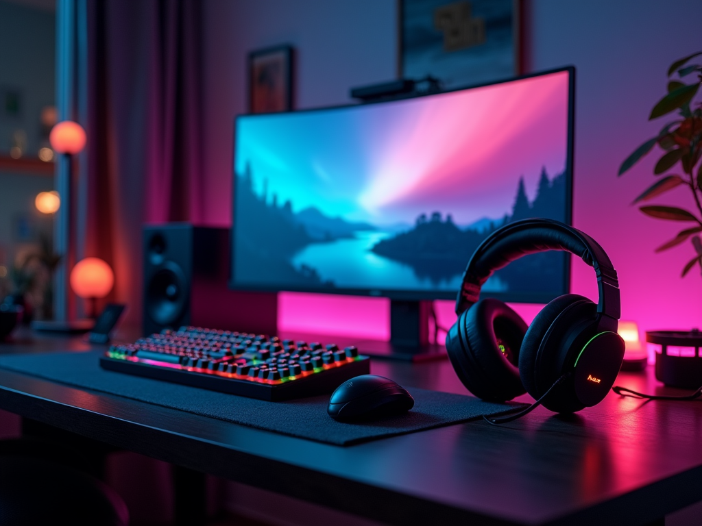 Neon-lit gaming setup with dual screens, keyboard, mouse, and headphones on a desk.